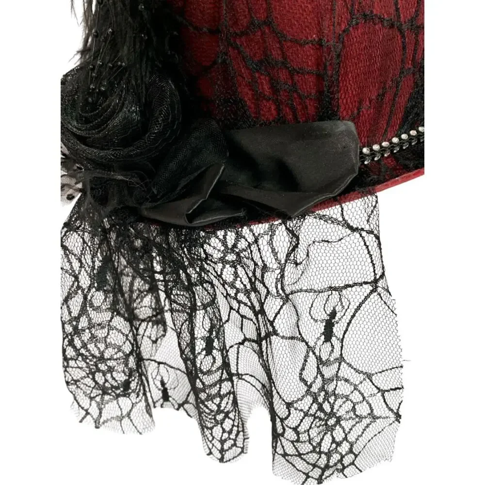 Victorian Style Top Hat Womens Red Spiderweb Veil Feather